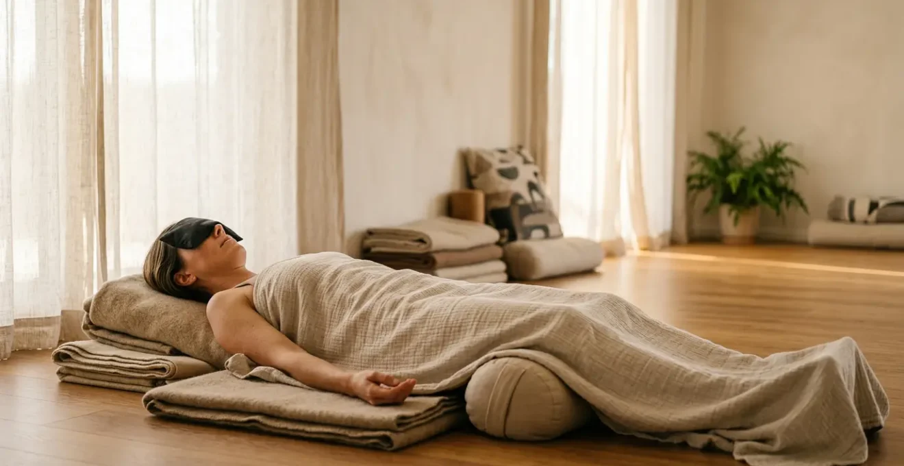 Person lying still in restorative yoga pose with props showing deep relaxation versus stressed individual in intense power yoga position
