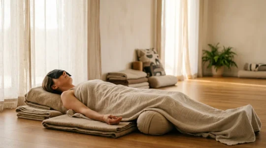 Person lying still in restorative yoga pose with props showing deep relaxation versus stressed individual in intense power yoga position
