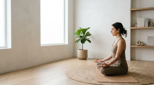 A serene scene capturing the intersection of ancient yogic breathing practices and modern neuroscience