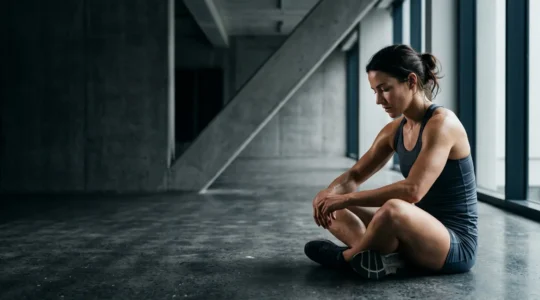 Athletic figure experiencing muscle tension and recovery dilemma during rest period