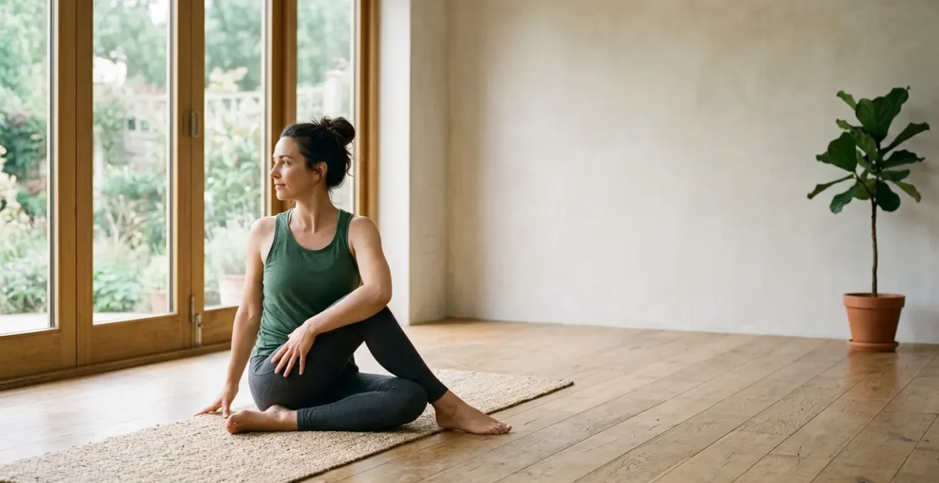 Peaceful beginner practicing authentic Hatha yoga in a minimalist natural environment, embodying mindful presence over performance