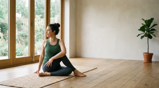 Peaceful beginner practicing authentic Hatha yoga in a minimalist natural environment, embodying mindful presence over performance