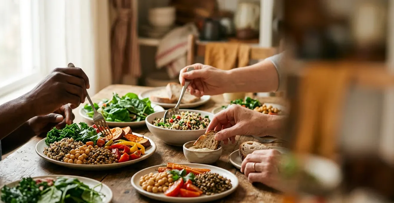 Person enjoying a colorful meal with variety of whole foods in natural setting