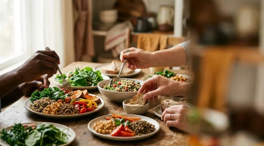 Person enjoying a colorful meal with variety of whole foods in natural setting