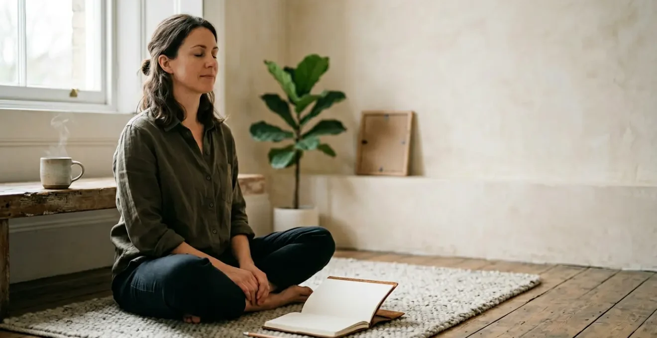A thoughtful person in quiet contemplation surrounded by meaningful connections and natural elements representing holistic wellbeing