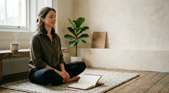 A thoughtful person in quiet contemplation surrounded by meaningful connections and natural elements representing holistic wellbeing