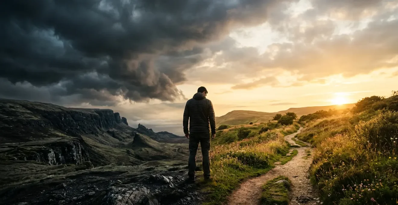 A person standing at a crossroads between darkness and light, symbolizing the journey from setback to resilience