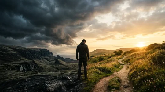 A person standing at a crossroads between darkness and light, symbolizing the journey from setback to resilience