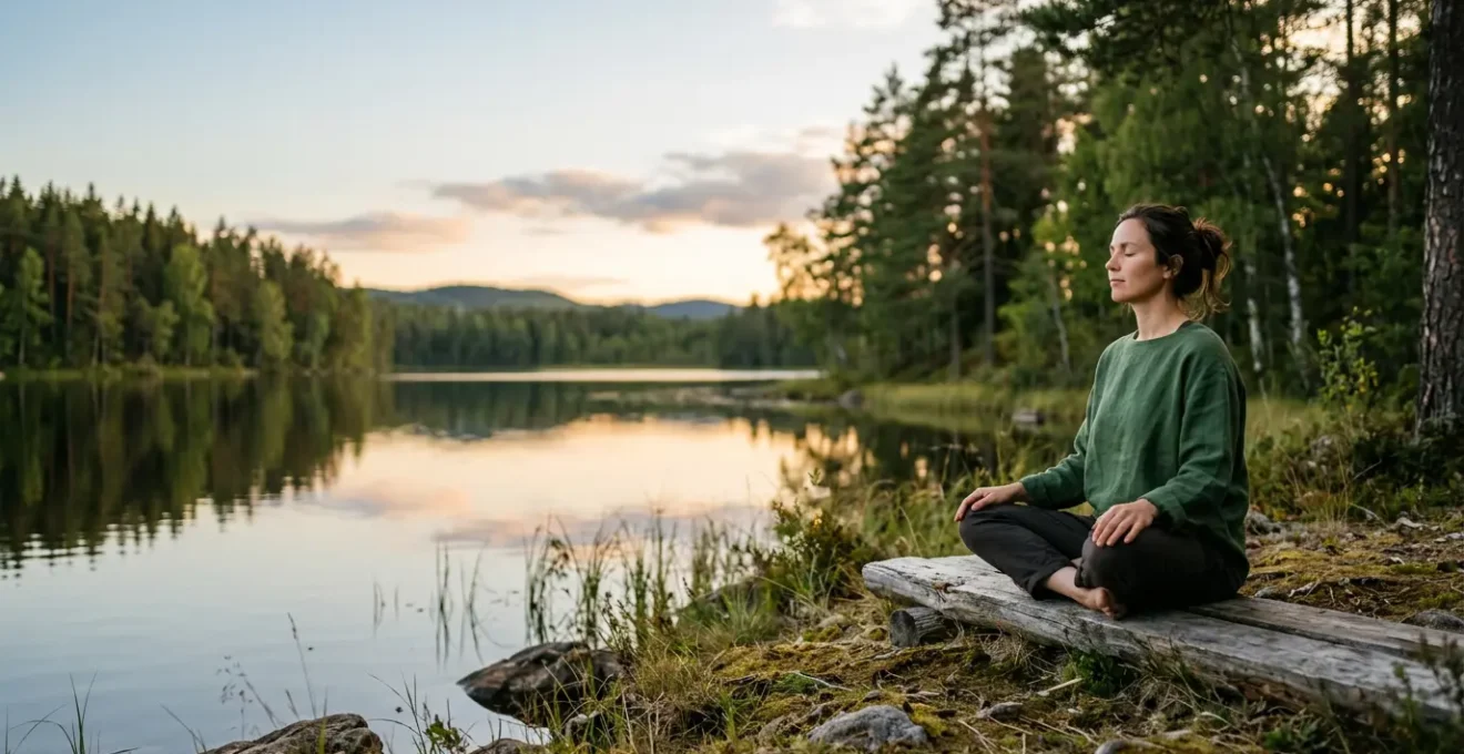 A person in a peaceful natural environment with closed eyes, disconnected from technology, surrounded by soft natural light and greenery