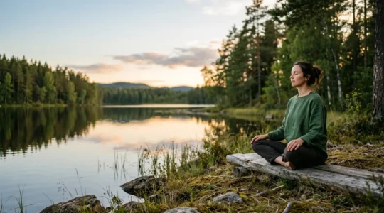 A person in a peaceful natural environment with closed eyes, disconnected from technology, surrounded by soft natural light and greenery