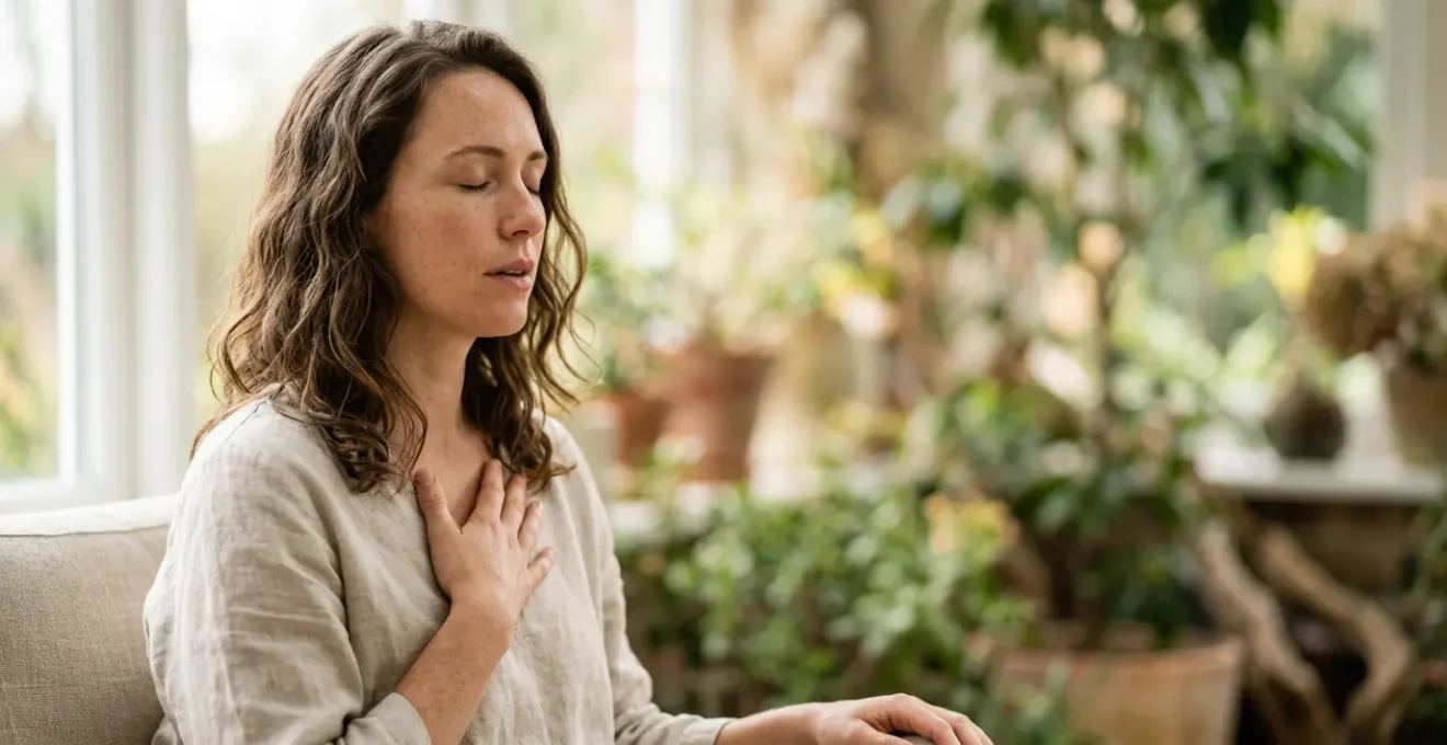 A person experiencing a moment of calm awareness through conscious breathing, captured in a natural contemplative state