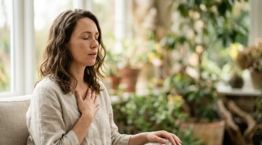 A person experiencing a moment of calm awareness through conscious breathing, captured in a natural contemplative state