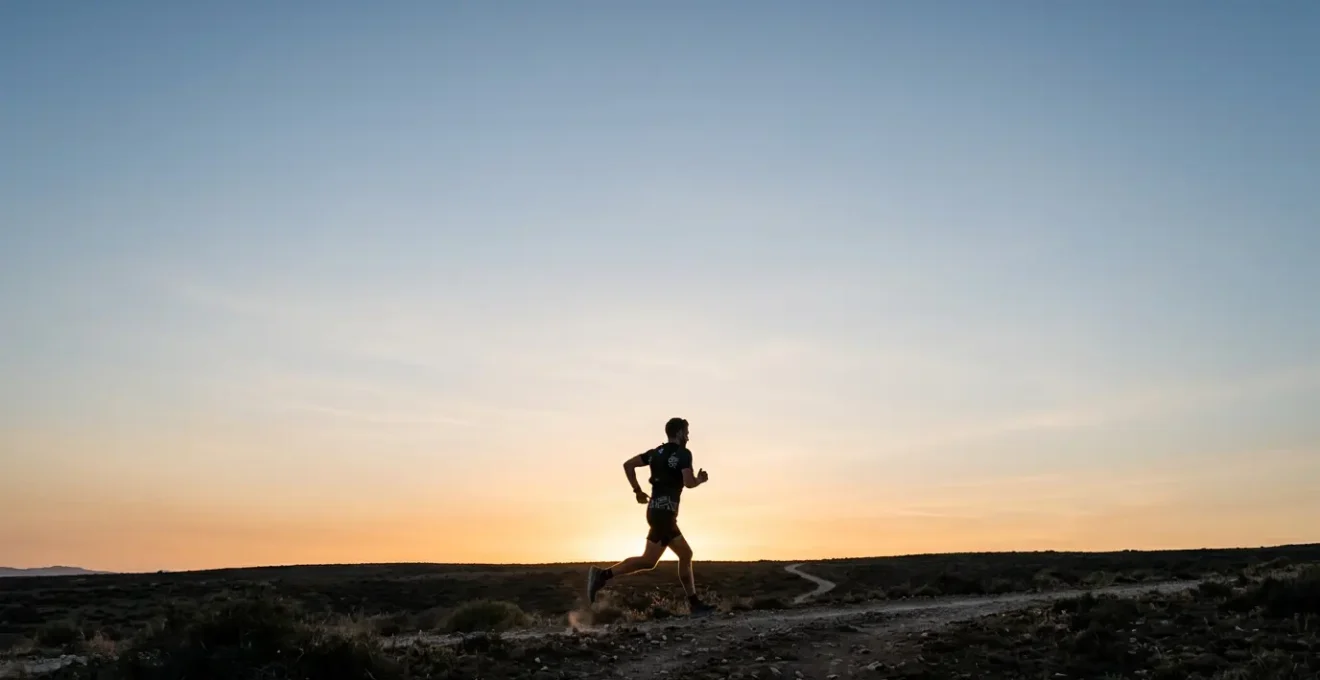 A powerful wide-angle composition showing a human figure in motion against vast negative space, symbolizing the relationship between cardiovascular capacity and longevity