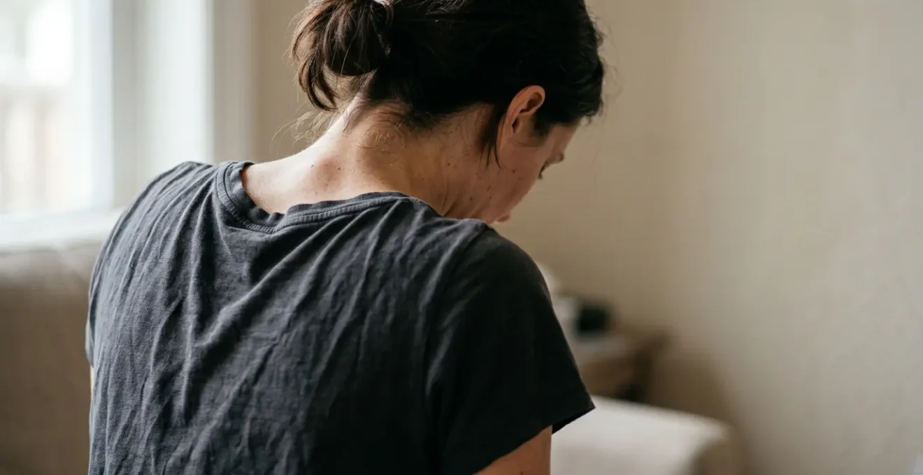 Close-up of tense shoulders and compressed chest showing shallow breathing pattern