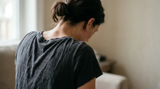 Close-up of tense shoulders and compressed chest showing shallow breathing pattern