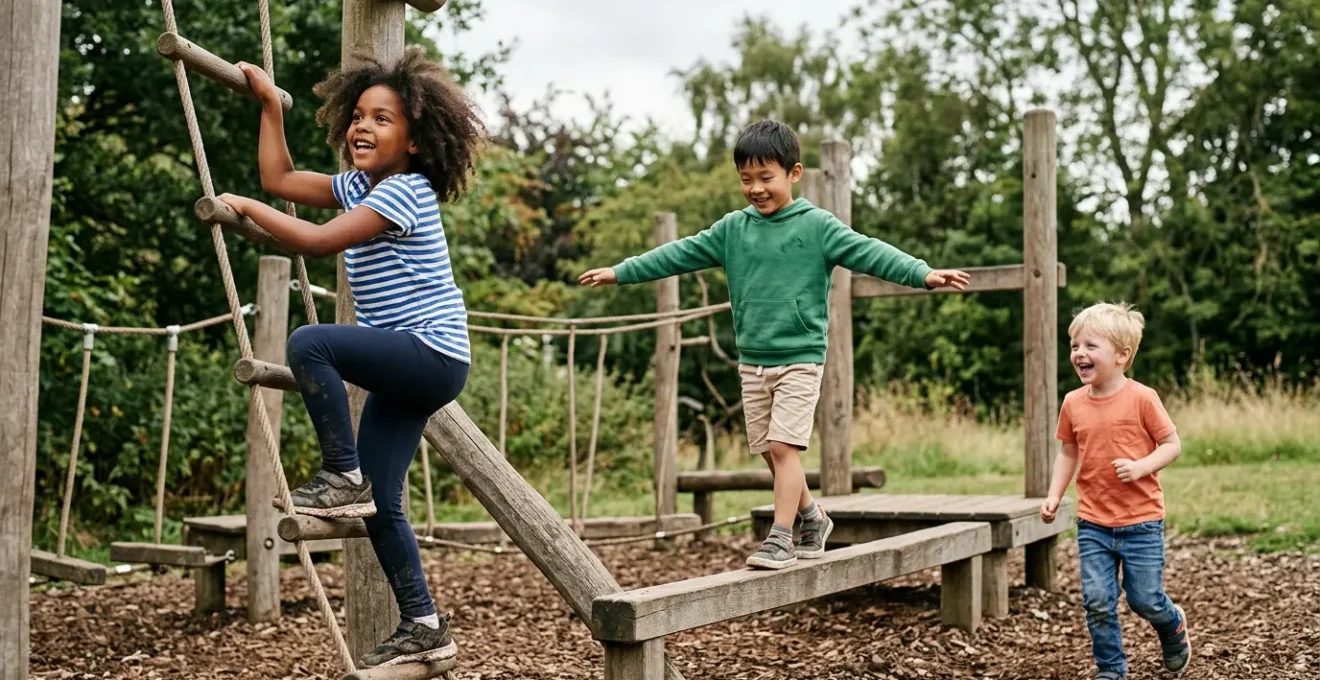 Children engaged in active physical play outdoors, climbing and exploring natural environment