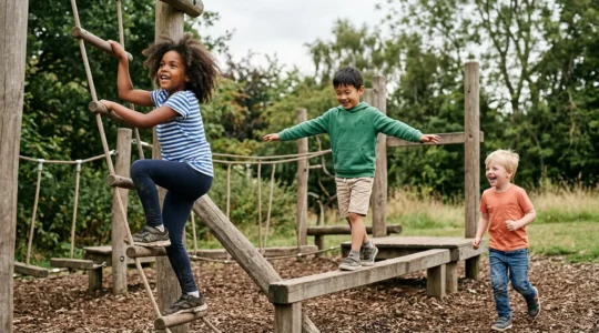 Children engaged in active physical play outdoors, climbing and exploring natural environment