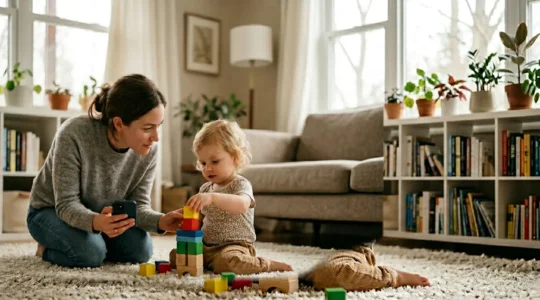 Parent observing and documenting their child's developmental progress at home