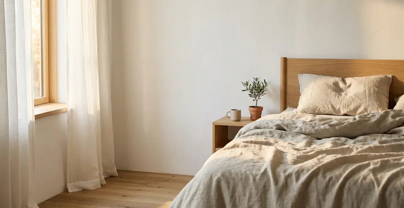 Soft morning light filtering through a bedroom window, casting warm shadows on a peaceful sleeping space, symbolizing the natural cortisol awakening response