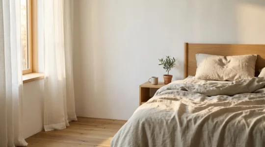 Soft morning light filtering through a bedroom window, casting warm shadows on a peaceful sleeping space, symbolizing the natural cortisol awakening response