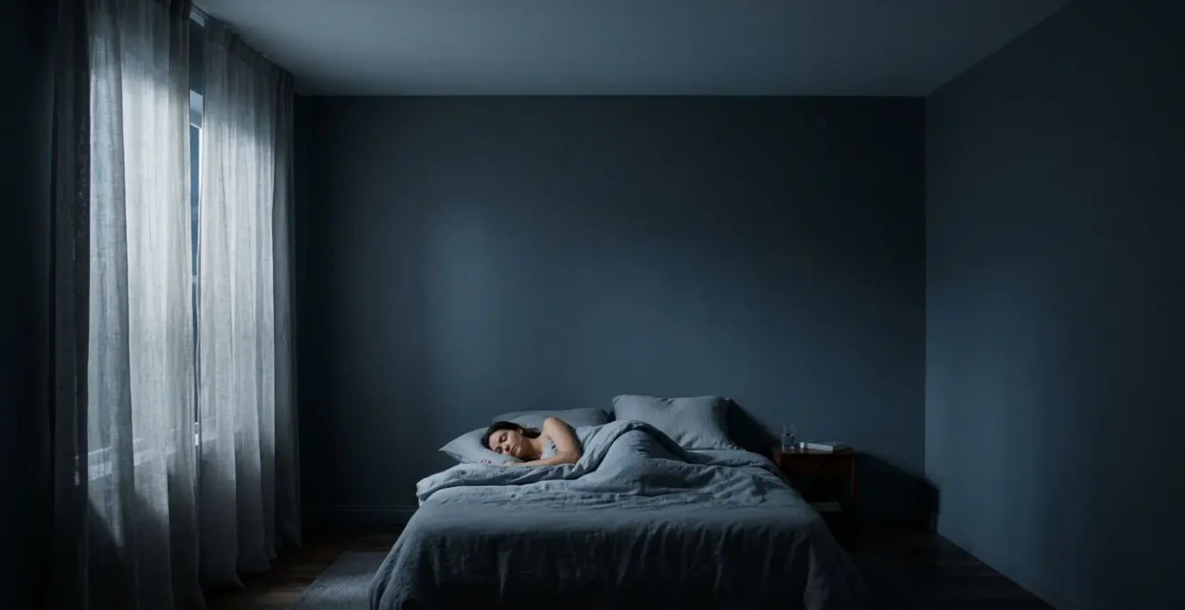 Person sleeping peacefully in darkened bedroom with serene atmosphere representing deep sleep restoration