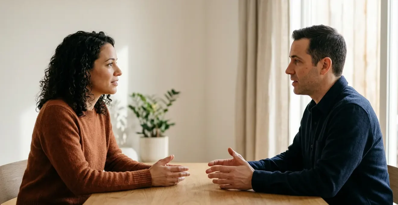 Two individuals engaged in calm, respectful conversation demonstrating nonviolent communication principles in natural lighting