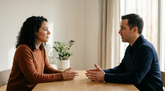 Two individuals engaged in calm, respectful conversation demonstrating nonviolent communication principles in natural lighting