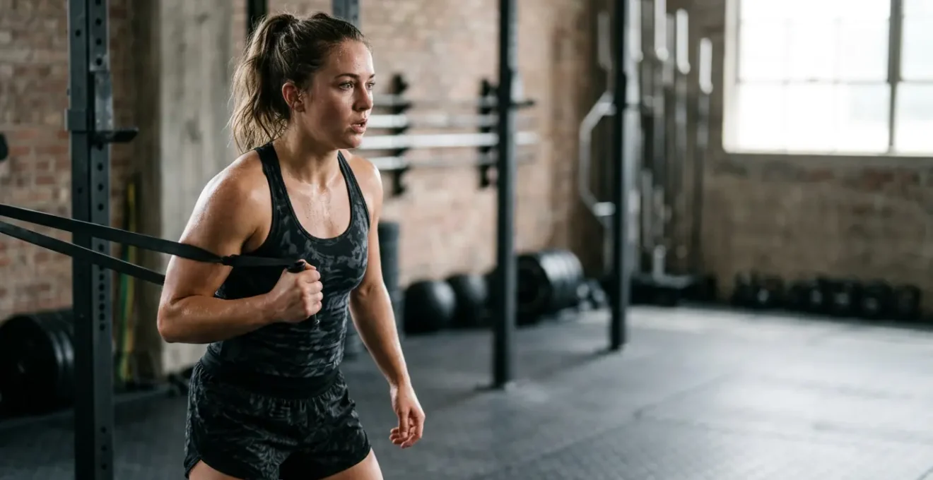 A person in athletic wear pausing mid-workout in an atmospheric gym setting, embodying the internal struggle between motivation and action