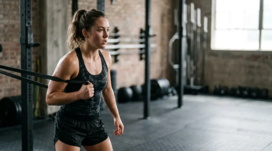 A person in athletic wear pausing mid-workout in an atmospheric gym setting, embodying the internal struggle between motivation and action