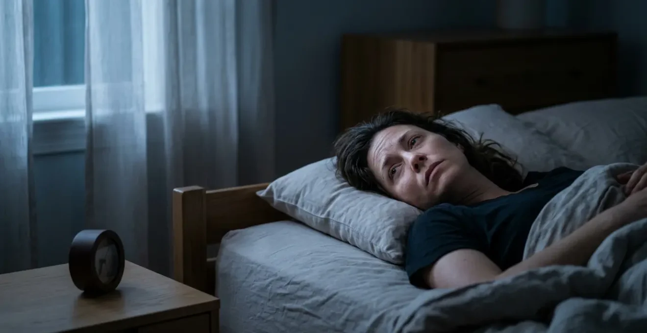 Person lying awake in a dark bedroom with closed eyes showing signs of mental hyperactivity despite ideal sleep environment