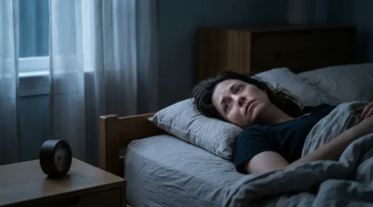 Person lying awake in a dark bedroom with closed eyes showing signs of mental hyperactivity despite ideal sleep environment
