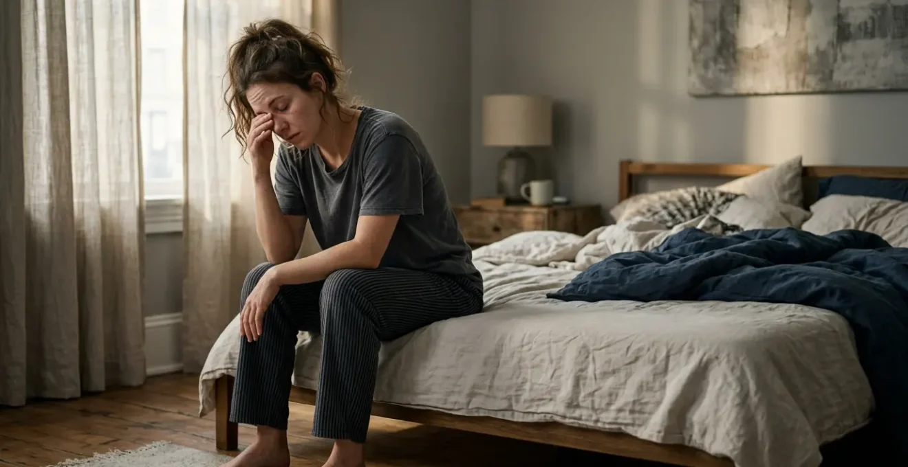 Person waking up exhausted in natural morning light despite full night sleep
