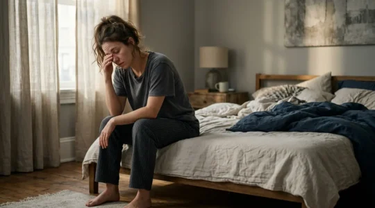 Person waking up exhausted in natural morning light despite full night sleep