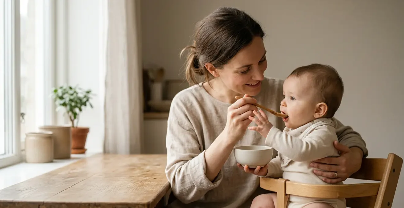 Close-up photograph of a mother gently feeding her infant, capturing the critical nutritional bond during the first 1000 days of immune system development