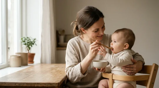 Close-up photograph of a mother gently feeding her infant, capturing the critical nutritional bond during the first 1000 days of immune system development