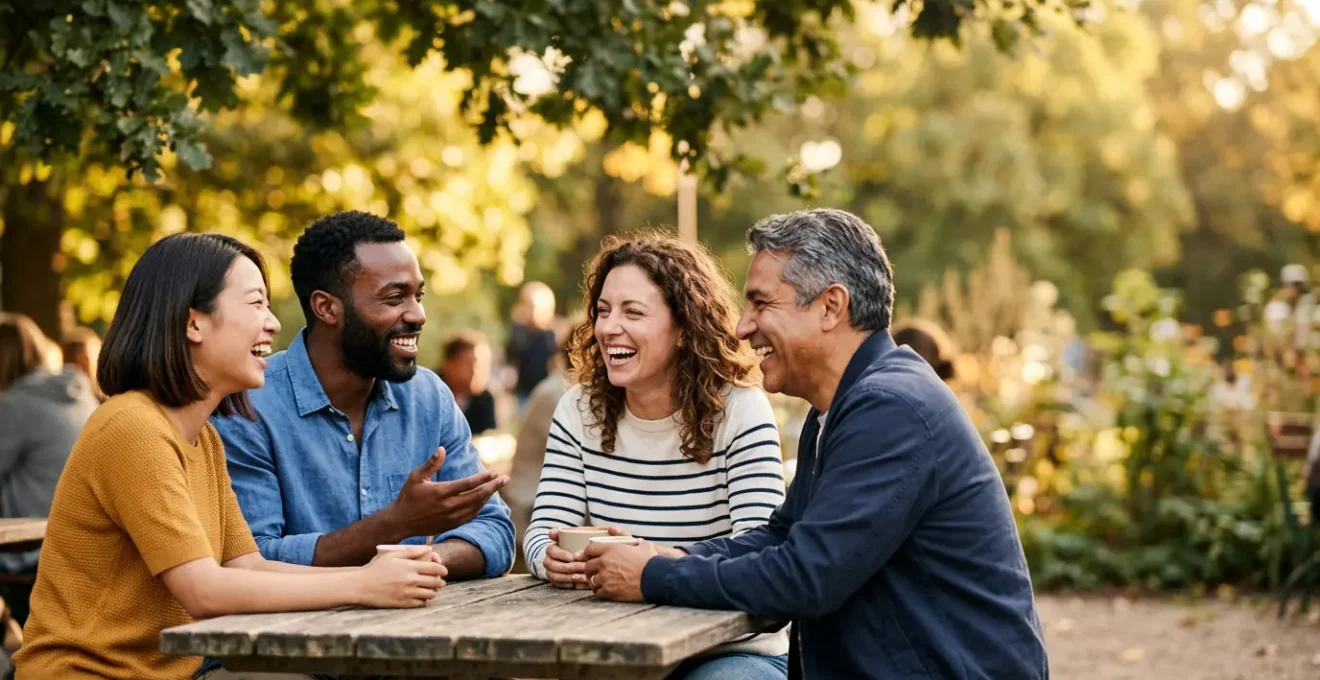 Diverse group of friends sharing genuine moment together outdoors in natural light