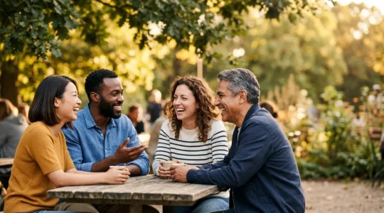 Diverse group of friends sharing genuine moment together outdoors in natural light
