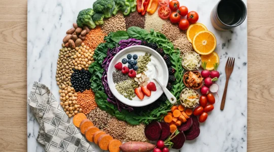 Professional editorial photograph illustrating the connection between gut health and overall wellness