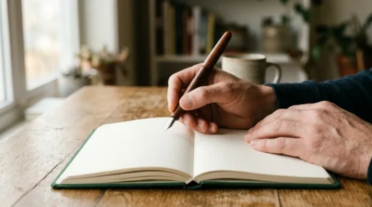 Person journaling with intentional focus creating cognitive change and mental clarity