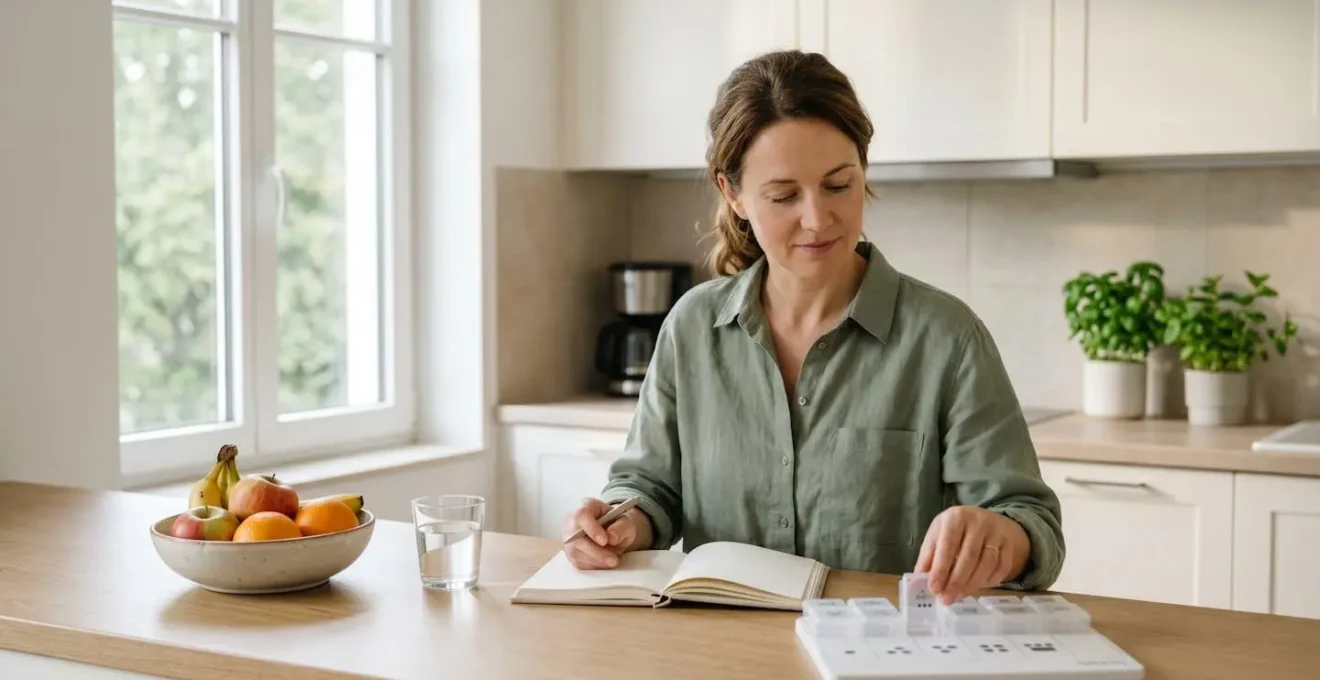 Person confidently organizing their wellness routine in a calm, organized home environment