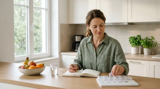 Person confidently organizing their wellness routine in a calm, organized home environment