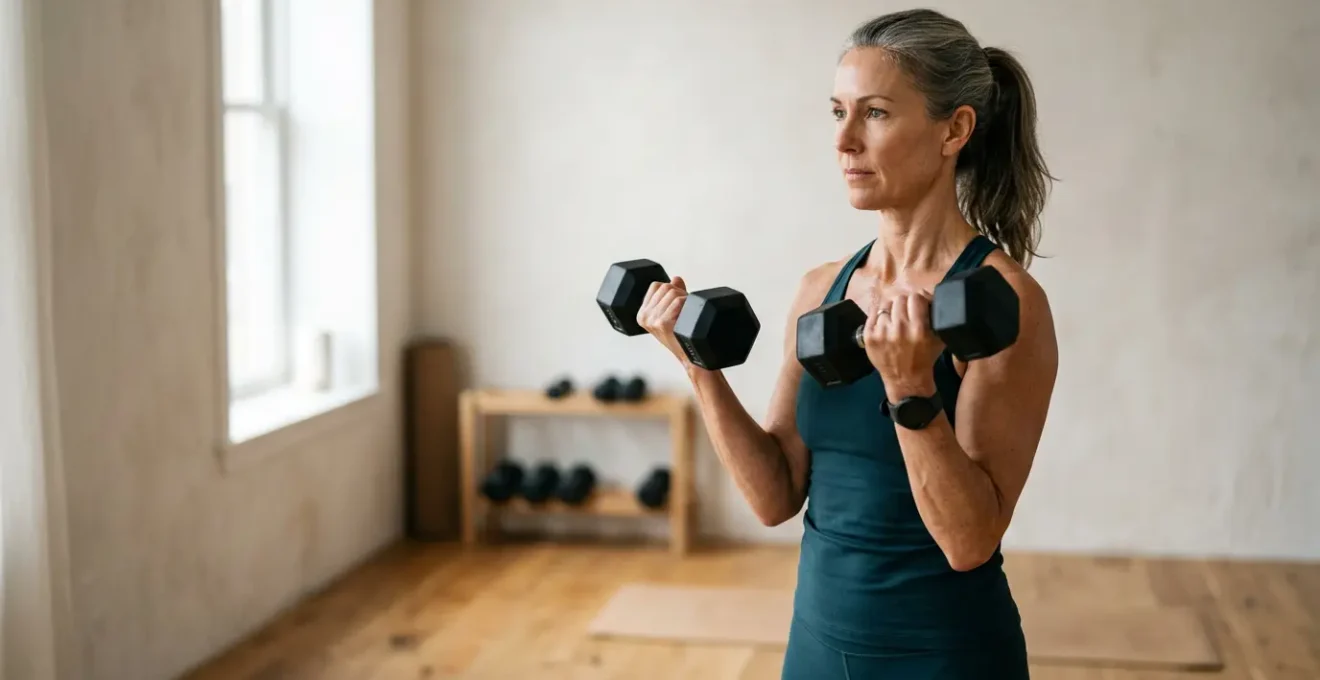 Determined mature adult performing strength training exercise with focus and proper form