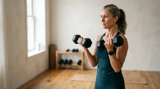Determined mature adult performing strength training exercise with focus and proper form
