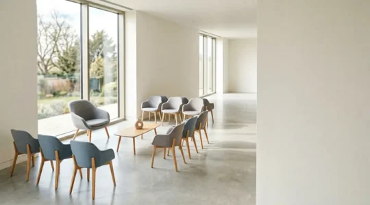 A professional waiting room scene symbolizing the crucial NHS Health Check appointment with natural lighting and clean composition