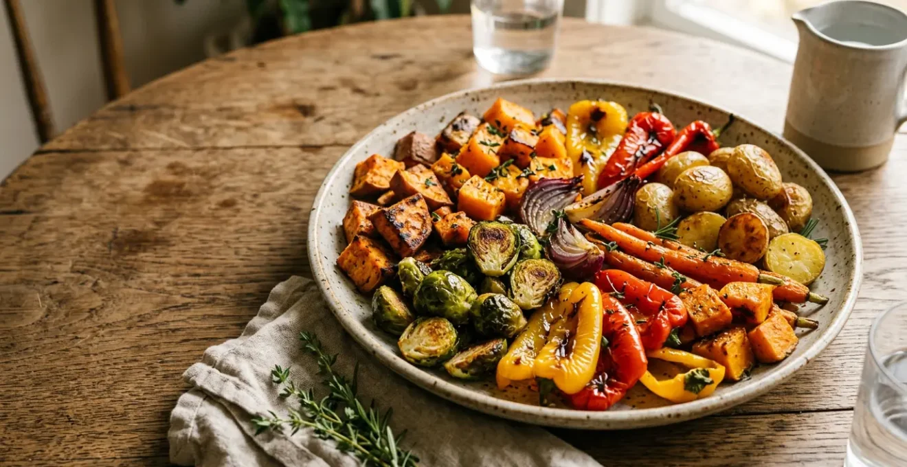 Vibrant roasted vegetables with caramelized edges showing natural browning and enhanced flavors