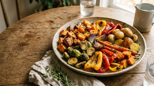 Vibrant roasted vegetables with caramelized edges showing natural browning and enhanced flavors