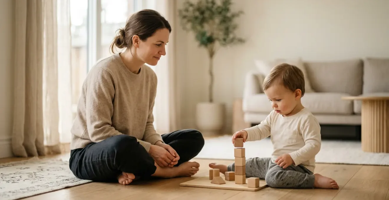 Parent observing toddler during natural developmental play in soft natural light