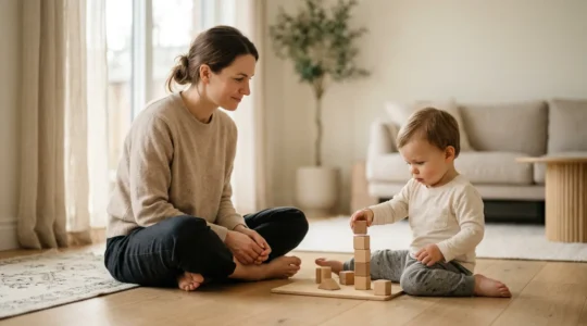 Parent observing toddler during natural developmental play in soft natural light