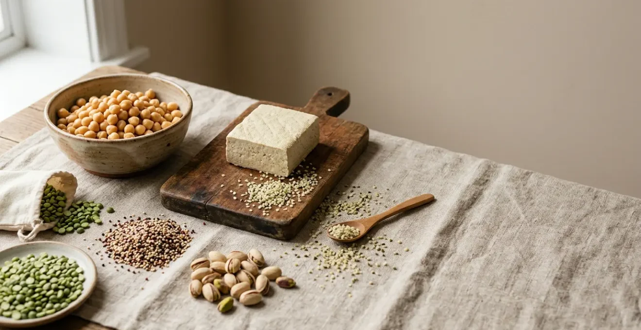 A vibrant editorial still life showcasing diverse plant-based protein sources including legumes, seeds, tofu, and grains arranged on a natural surface with dramatic lighting