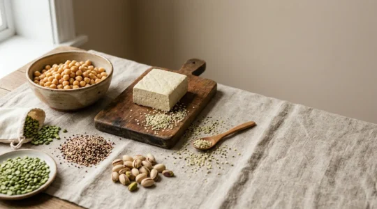 A vibrant editorial still life showcasing diverse plant-based protein sources including legumes, seeds, tofu, and grains arranged on a natural surface with dramatic lighting